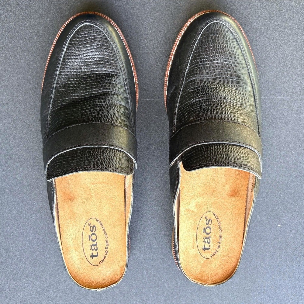 Taos Royal Black Leather Lizard Embossed Mule Loafers Womens NO BOX